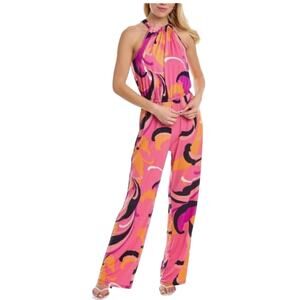 Trina Turk Juju Halter Jumpsuit Tropical Pink Pucci Print Resort Vacation L EUC